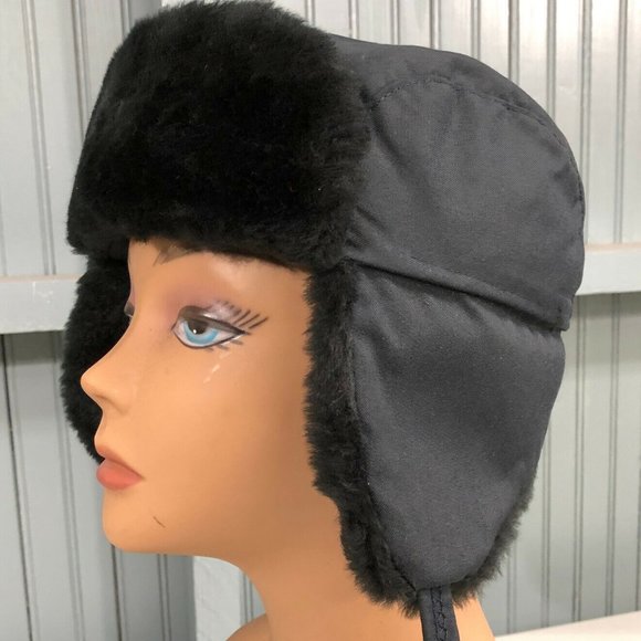 Black / Gray Nylon Trooper Made in USA Snap Ear Flaps Lg 64cm Langenberg Hat Cap - Picture 1 of 8